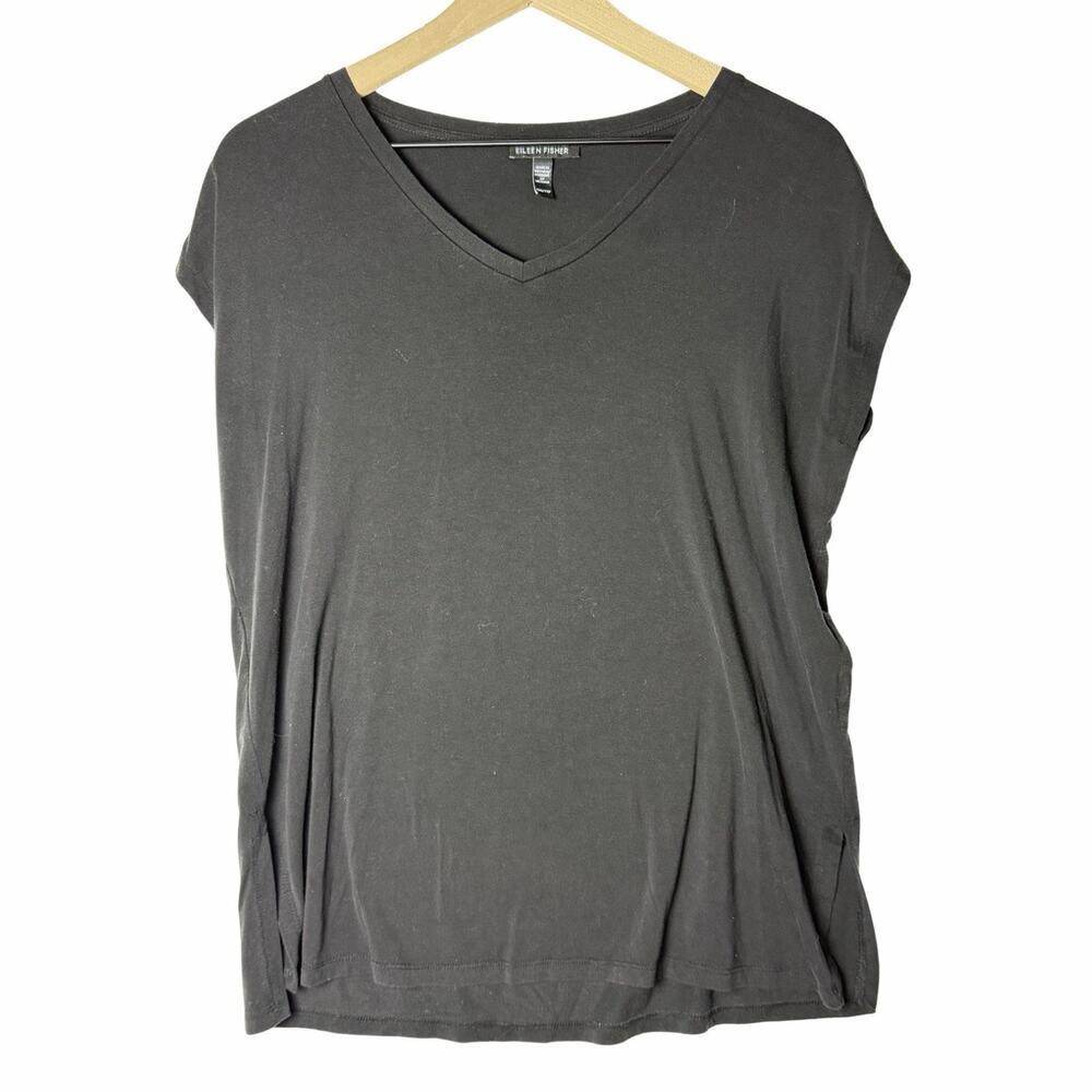Eileen Fisher Tencel V-Neck Jersey Relaxed Fit T-Shirt Top Black size XXS